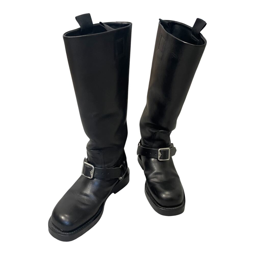 Burberry Saddle Knee High Leather Harness Boots Black Italy Size 39 US 8